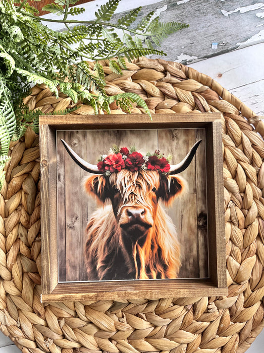 Highland Cow With Rose Crown Small Framed Sign