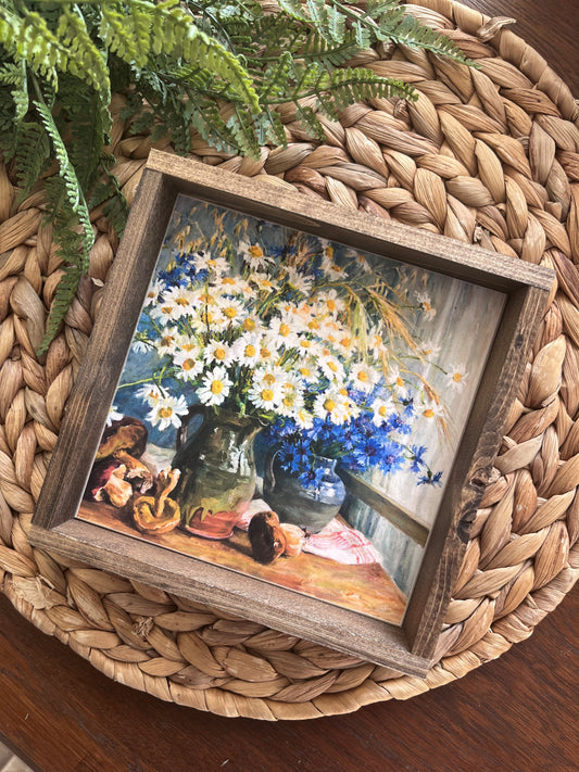 Daisy and Mushroom Vintage Painting Small Framed Sign