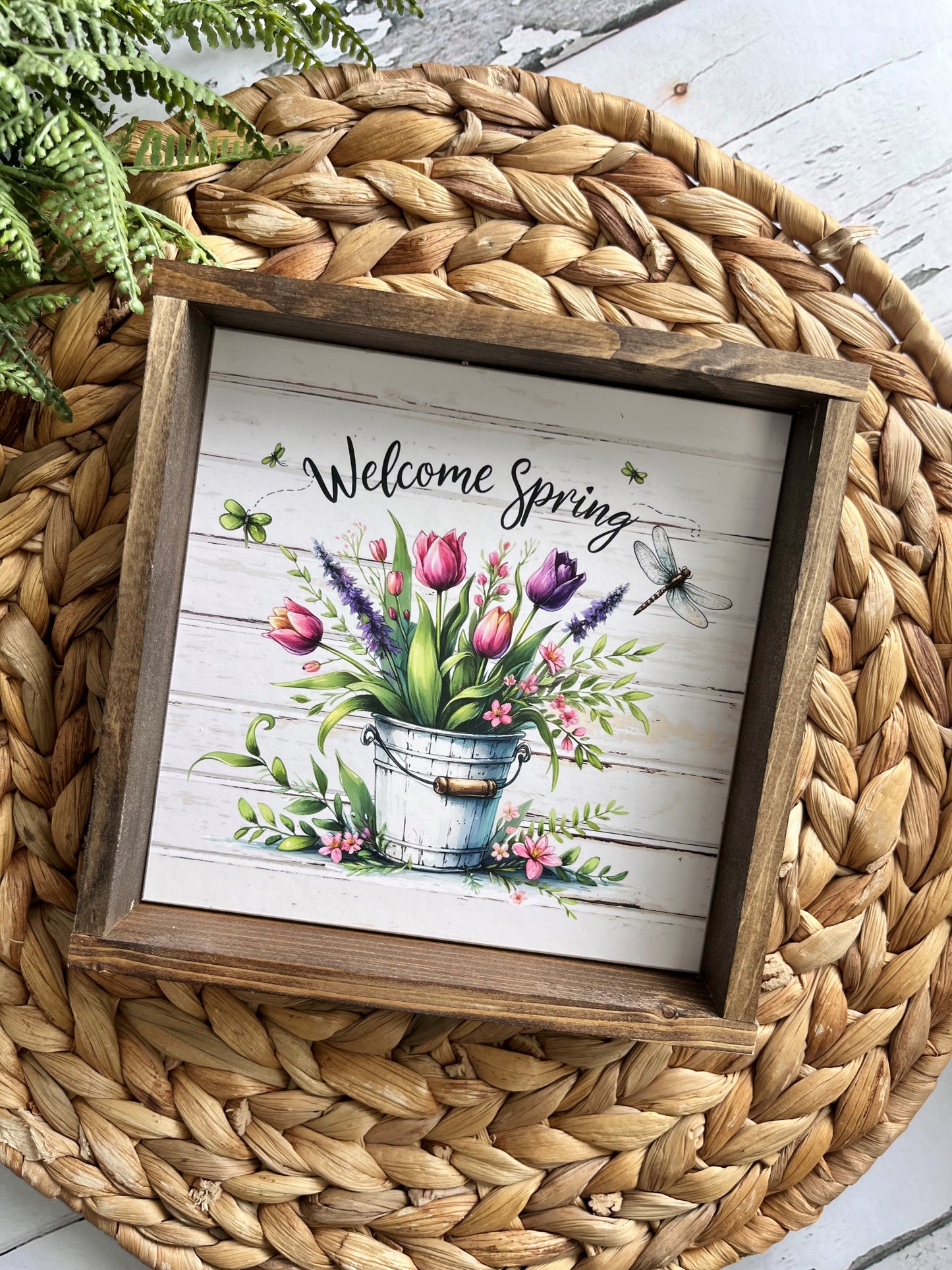 Welcome Spring Pail of Tulips Small Framed Sign